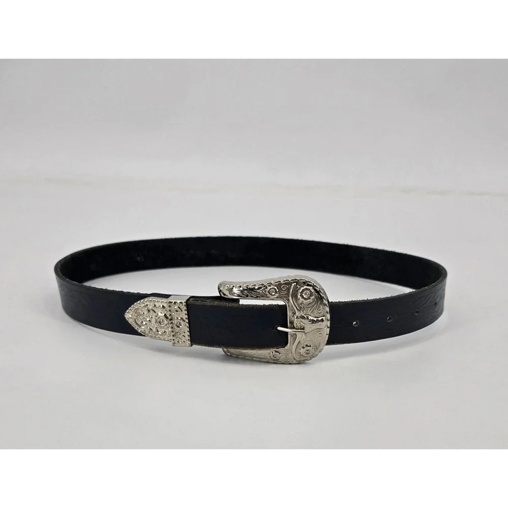 Vintage Navy Leather Western Belt Silver Long Horn Engraved Buckle Cowgirl Y2K